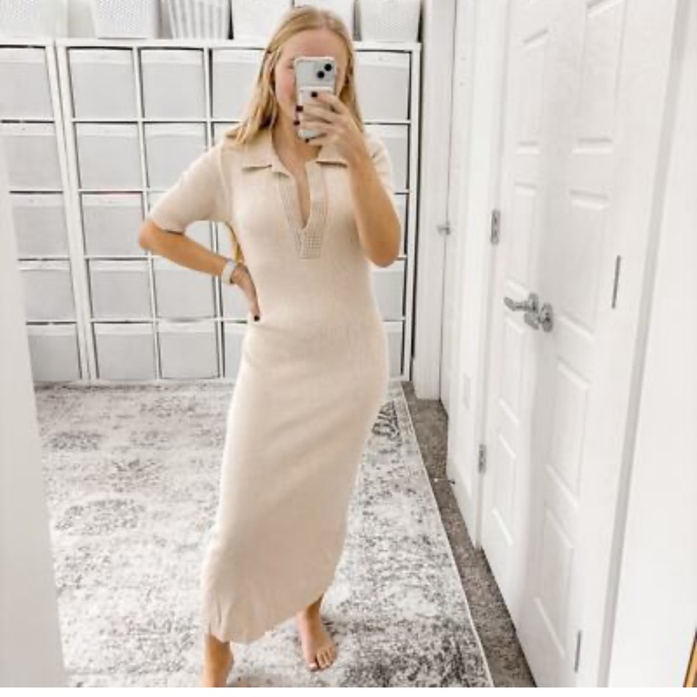 Caroline Constas Ribbed Knit Crochet V-Neck Midi Dress. Size: L